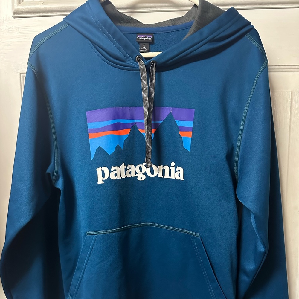 Patagonia Worn Wear Men’s Small Dark Teal Logo Pullover Fleece Lined Hoodie